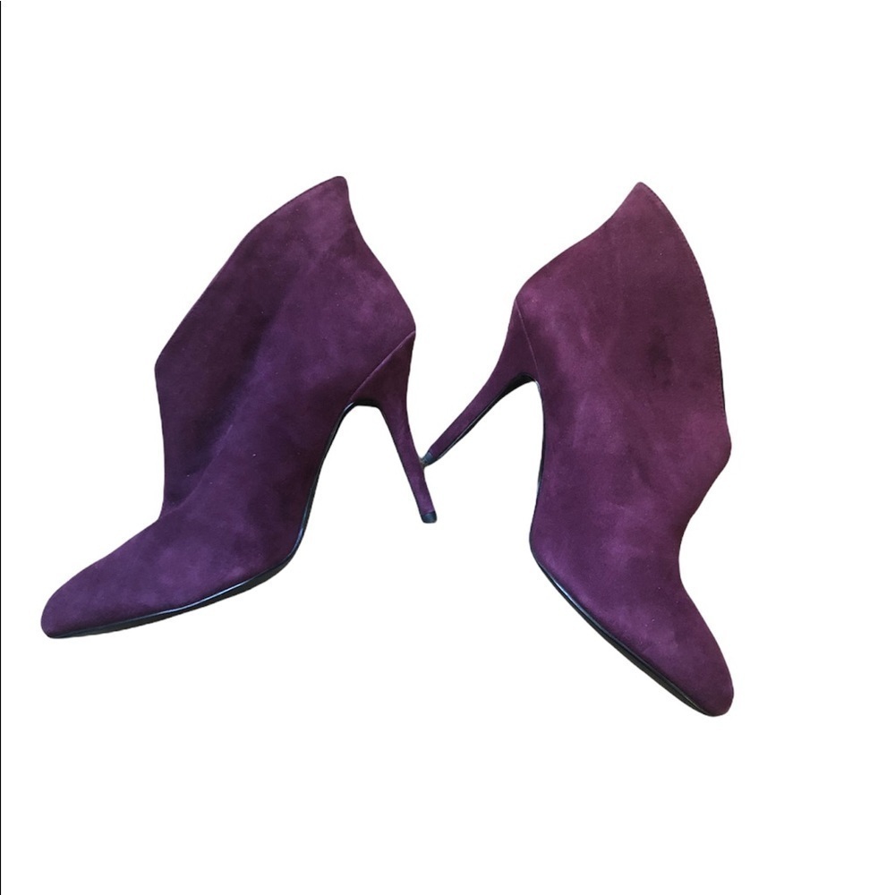 Vince Camuto Caden Burgundy Leather Sexy Suede Booties 9M 3” Heel Almond Toe - Picture 4 of 6